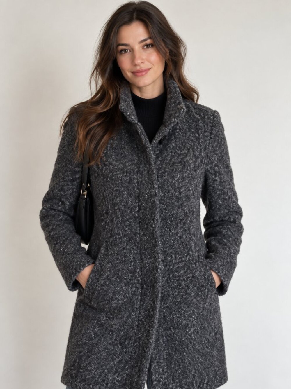 Anne Klein S Charcoal Gray Boucle Wool Blend Walker Coat Hidden Buttons